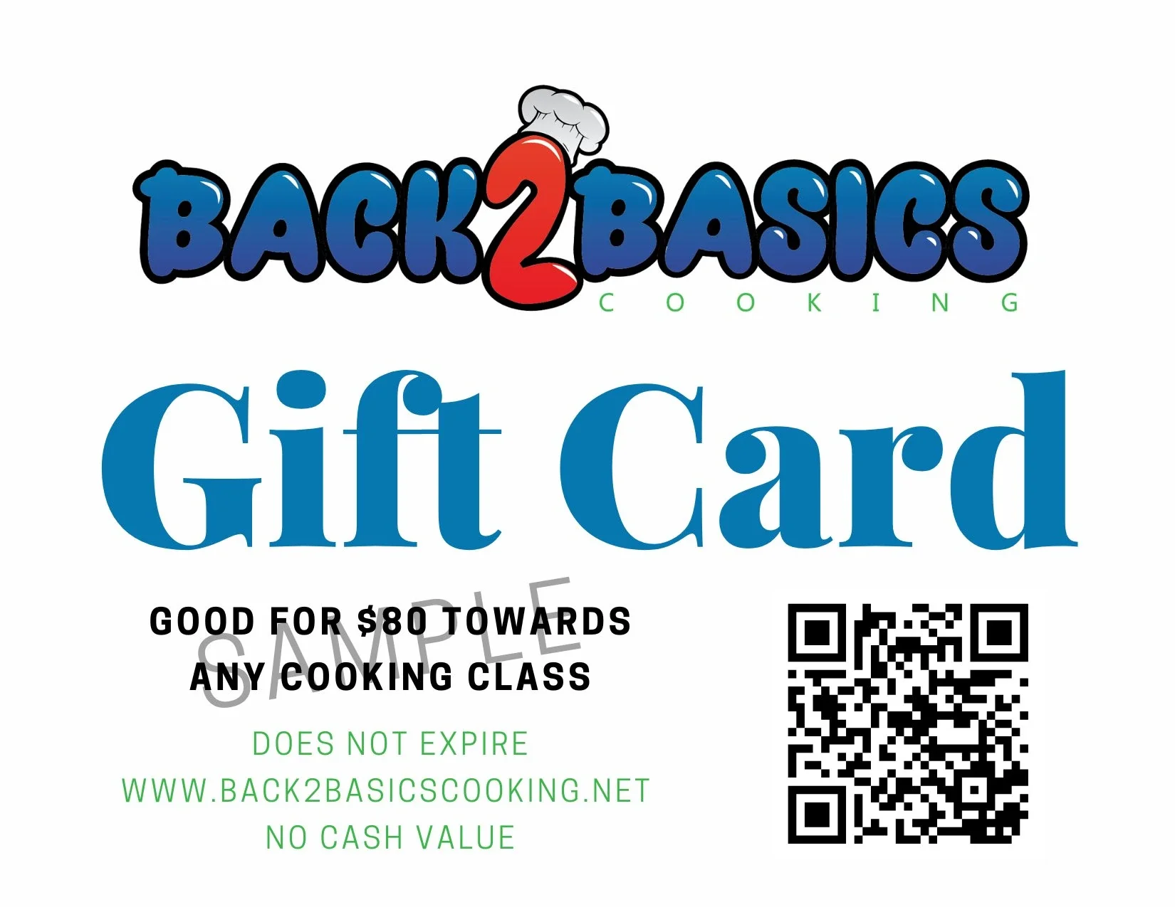 $80 sample gift card for Back 2 Basics Cooking