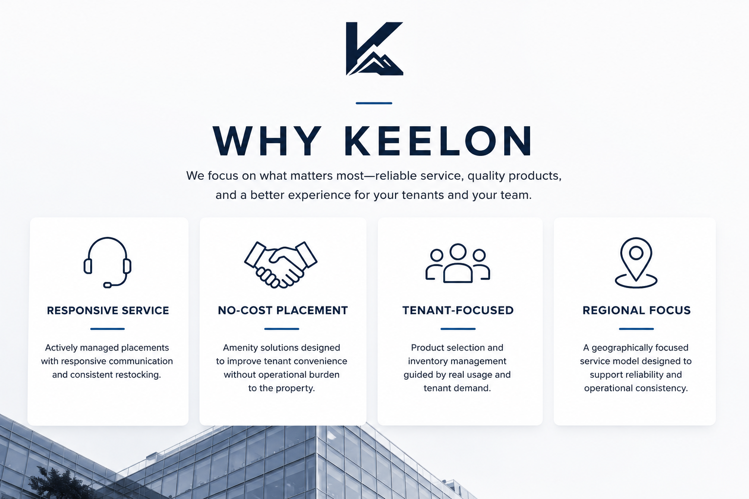 A promotional infographic for Keelon, highlighting their focus on reliable service, quality products, and customer experience. The image features a logo at the top, a large heading that reads 'WHY KEELON,' and four sections with icons and descriptions: 1) Responsive Service with a headset icon, 2) No-Cost Placement with a handshake icon, 3) Tenant-Focused with a group of people icon, 4) Regional Focus with a location pin icon.