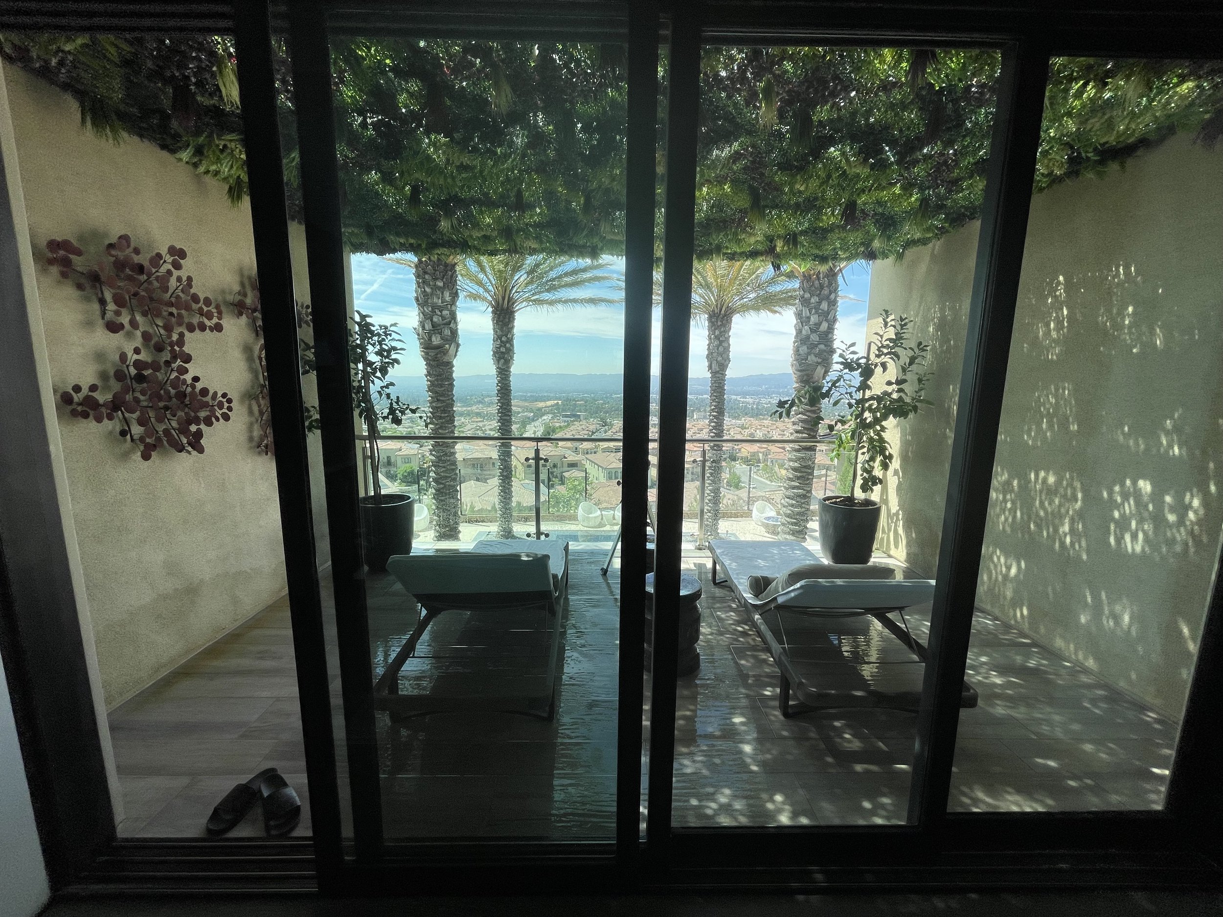 View of a balcony with three palm trees and a cityscape in the distance, seen through sliding glass doors with black frames, inside a room with light-colored walls and decorative wall art.