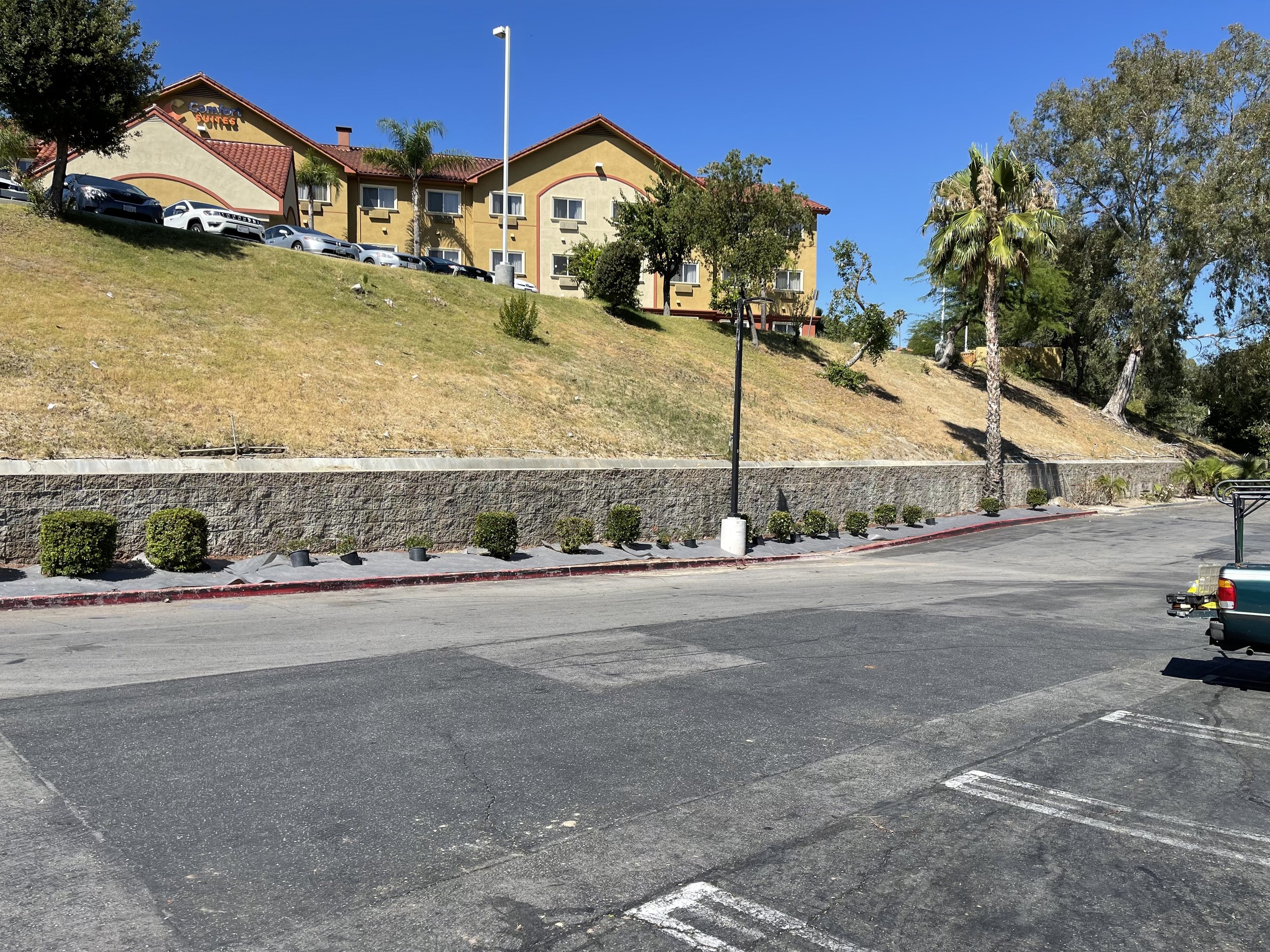A parking lot with a few cars parked along a sloped grassy area, a brick retaining wall, and some small bushes in the foreground. In the background, there is a multi-story hotel or apartment building with a sign that reads 'Comfort Suites' and some t