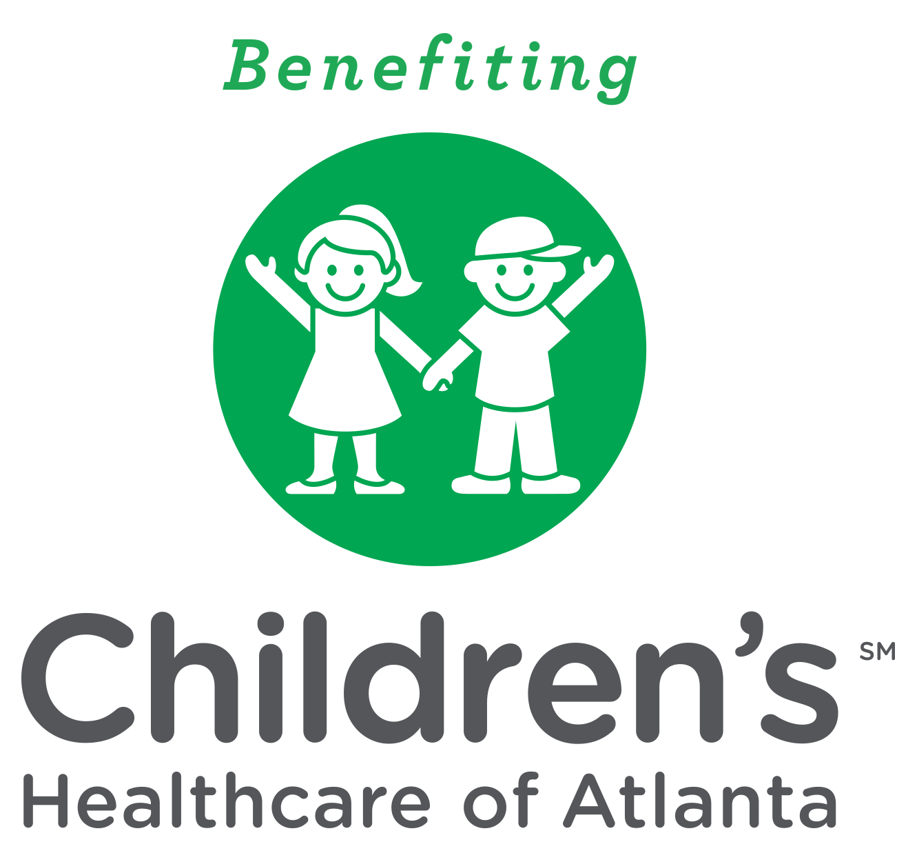 Children holding hands, smiling, inside a green circle. Text says "Benefiting" above and "Children's Healthcare of Atlanta" below.