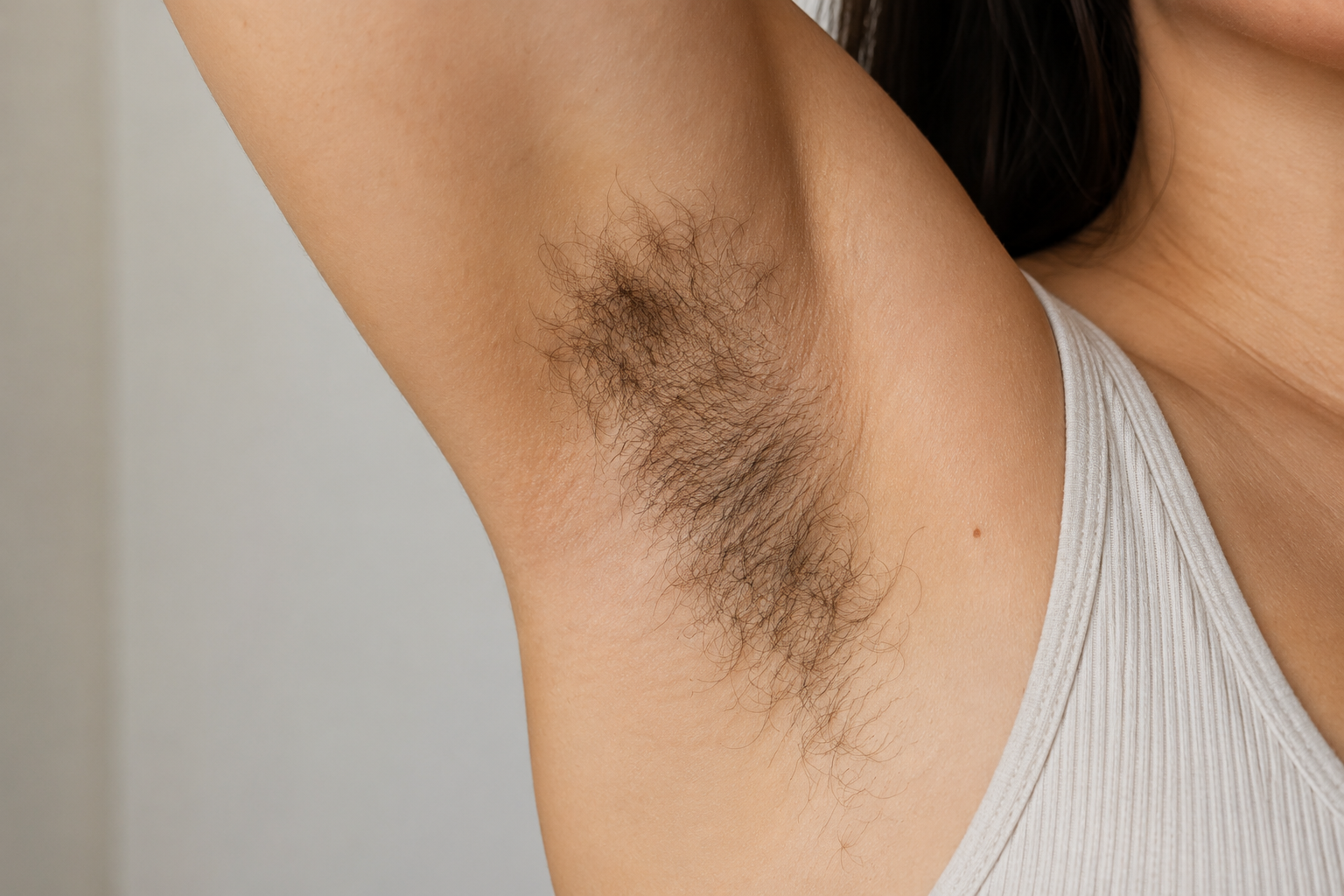 Close-up of a person's armpit with dark hair, wearing a white tank top.