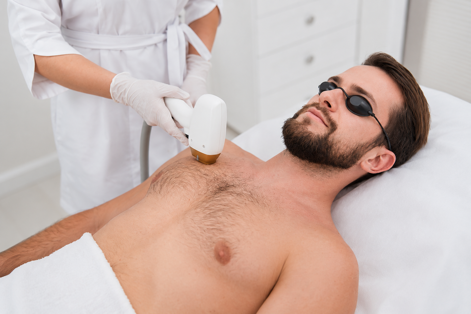 A man with a beard and dark sunglasses lying on his back, receiving laser hair removal treatment on his chest by a technician in a clinical setting.