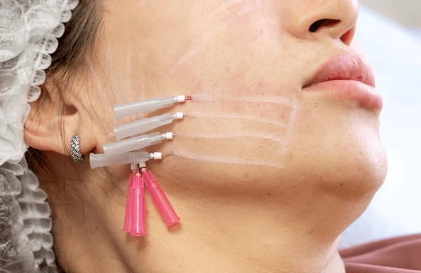 A woman receiving cosmetic injections in her jawline, with multiple syringes and tubes positioned near her face.