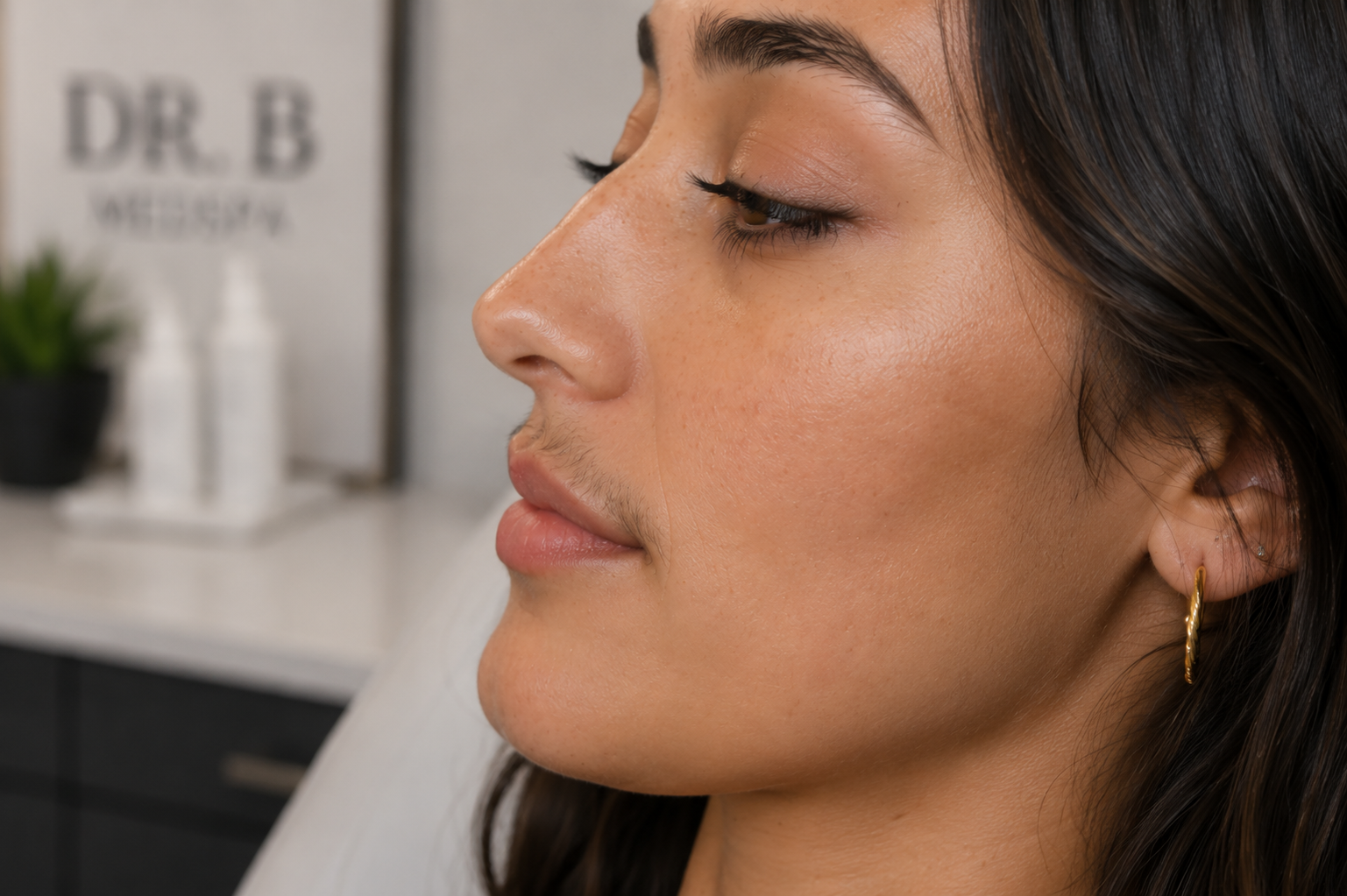 Close-up of a woman with makeup, wearing a gold hoop earring, in a clinic or beauty salon setting.