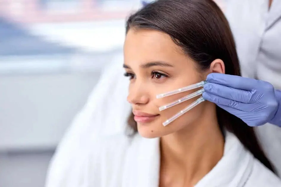A woman is getting a cosmetic procedure on her jawline, with markings on her face and a needle being inserted by a professional wearing pink gloves.