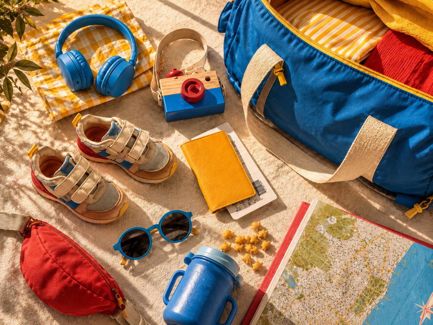 family travel gear sunglasses water bottle passport