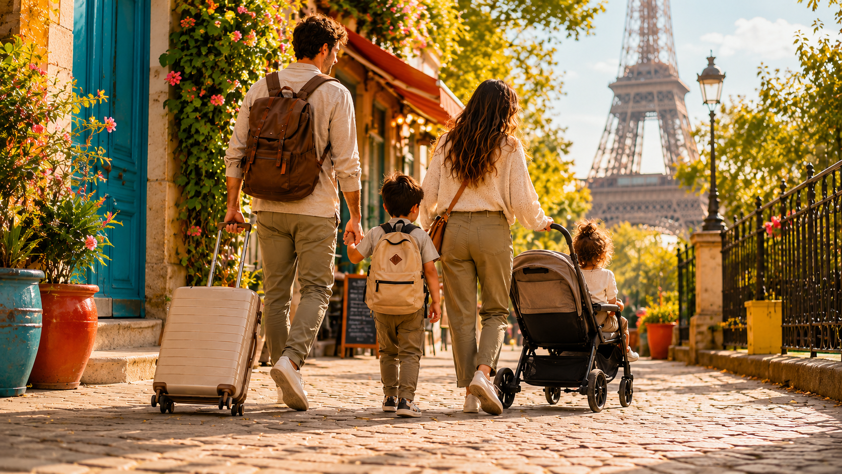 family traveling to Paris France walking down cobblestones travel stroller