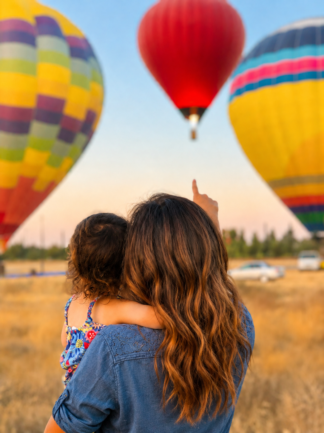 woman looking at hot air balloon with her child