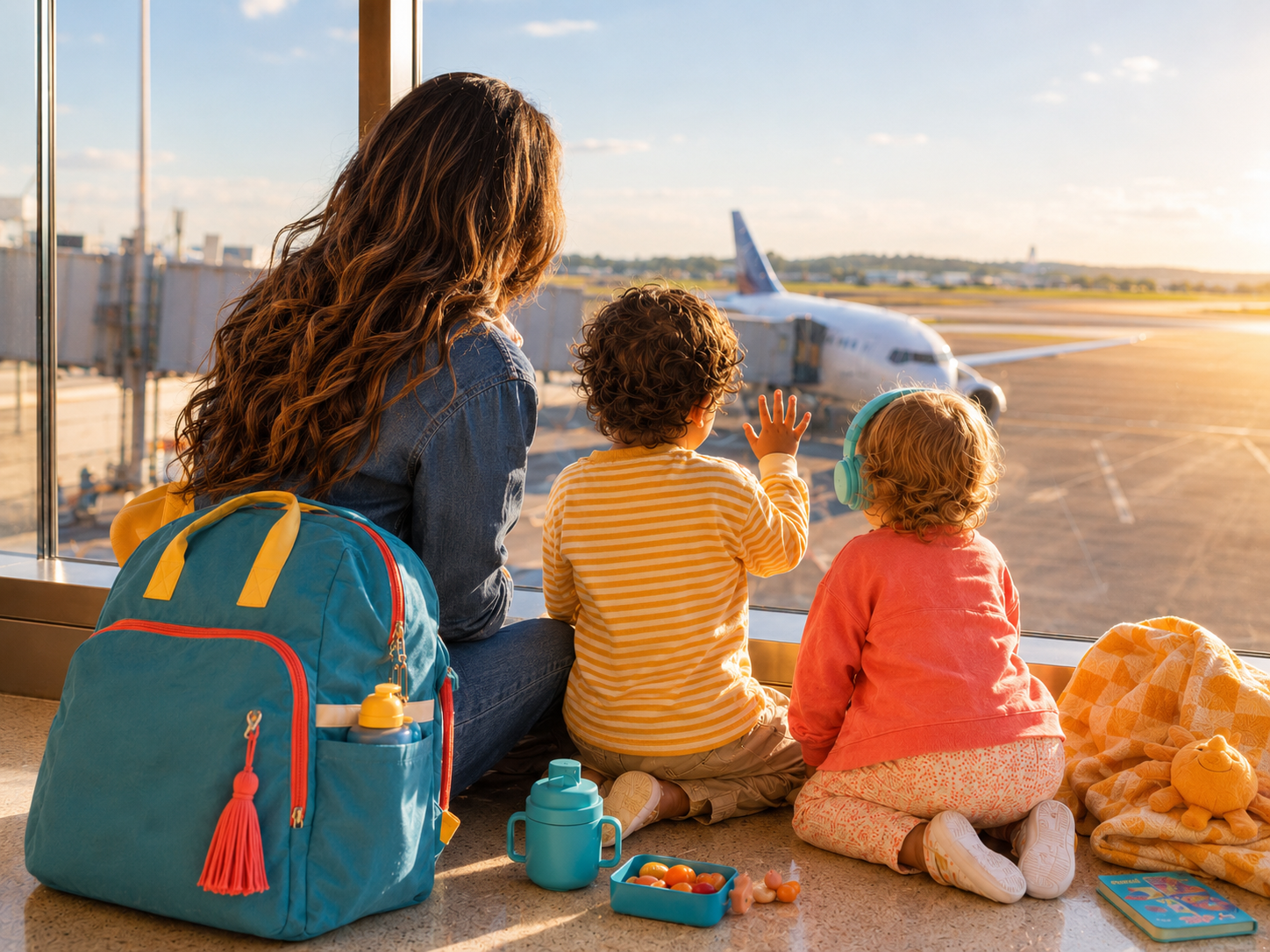 mom and kids at airport looking at plane family travel backpack water bottle