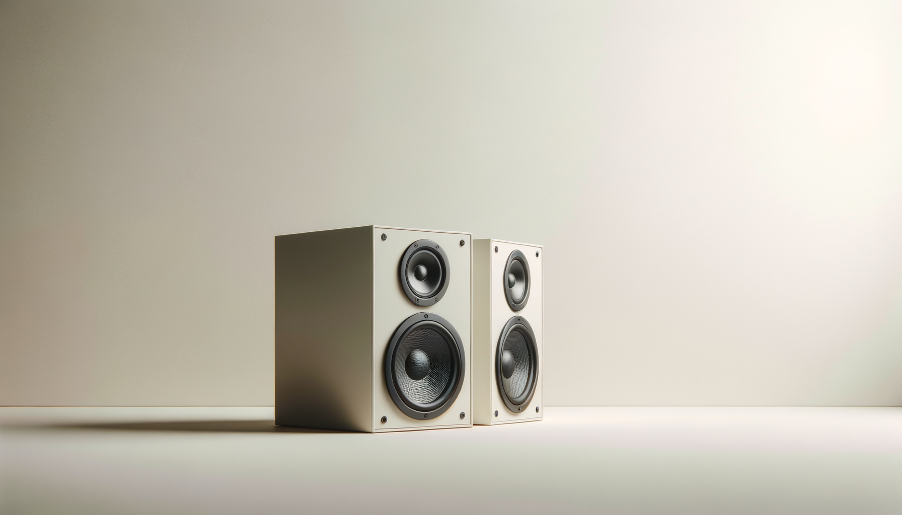 Two white bookshelf speakers with black drivers placed on the floor against a plain light-colored wall.