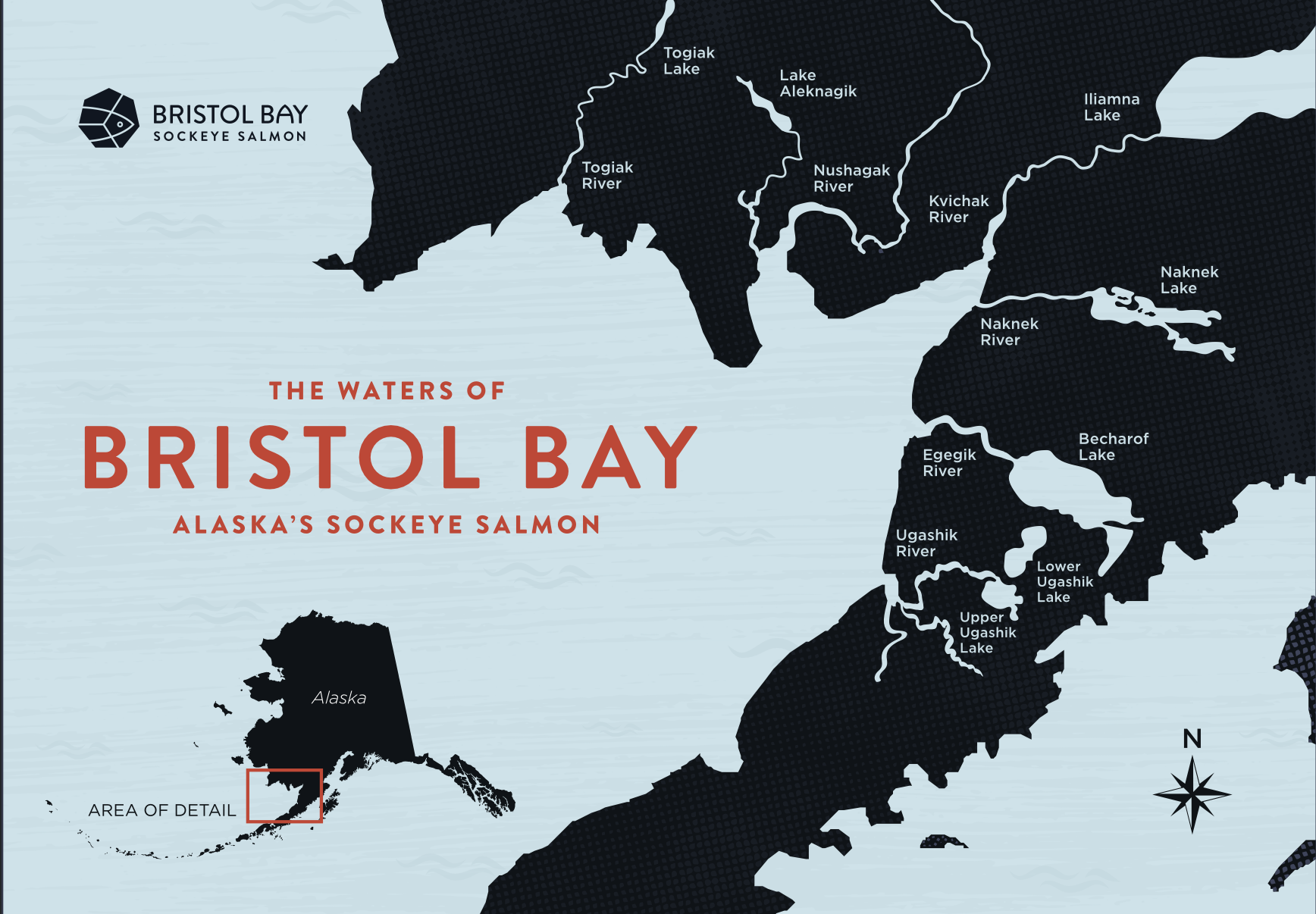Map showing the waters of Bristol Bay in Alaska, including various lakes and rivers, with an inset highlighting the area of detail. The title indicates it is Alaska's Sockeye Salmon.