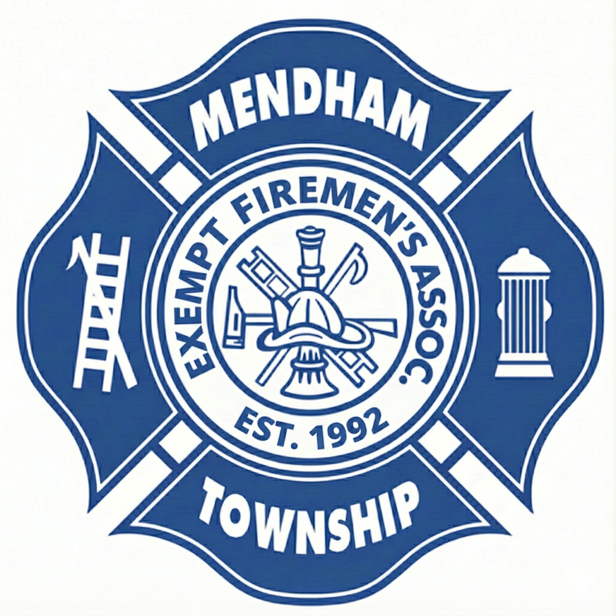 Logo of Mendham Township Fire Department, established 1992, featuring a blue shield with a firefighter's helmet and tools in the center.