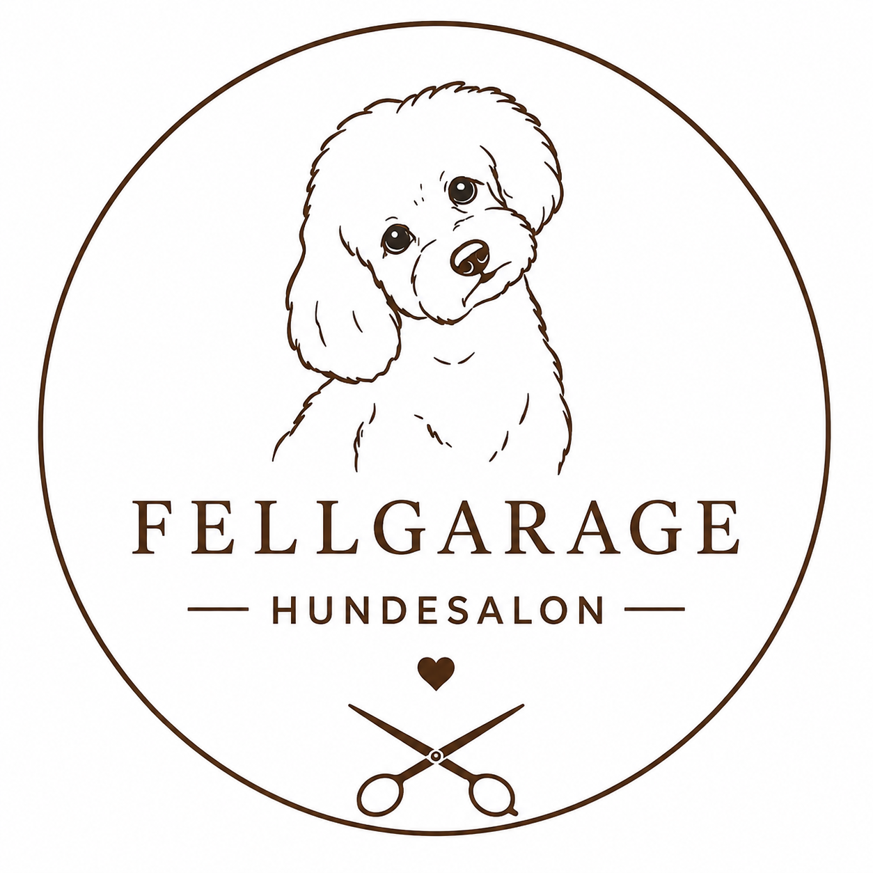 Ein Logo mit einer Zeichnung eines Hundes, umgeben von einem Kreis, darunter der Text 'FELLGARAGE HUNDESALON' und ein kleines Herz sowie eine Schere.
