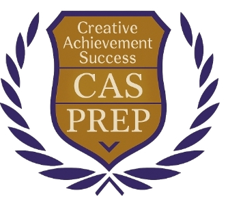A shield-shaped emblem with a gold background and purple border, featuring the words "Creative Achievement Success CAS PREP" in gold and white