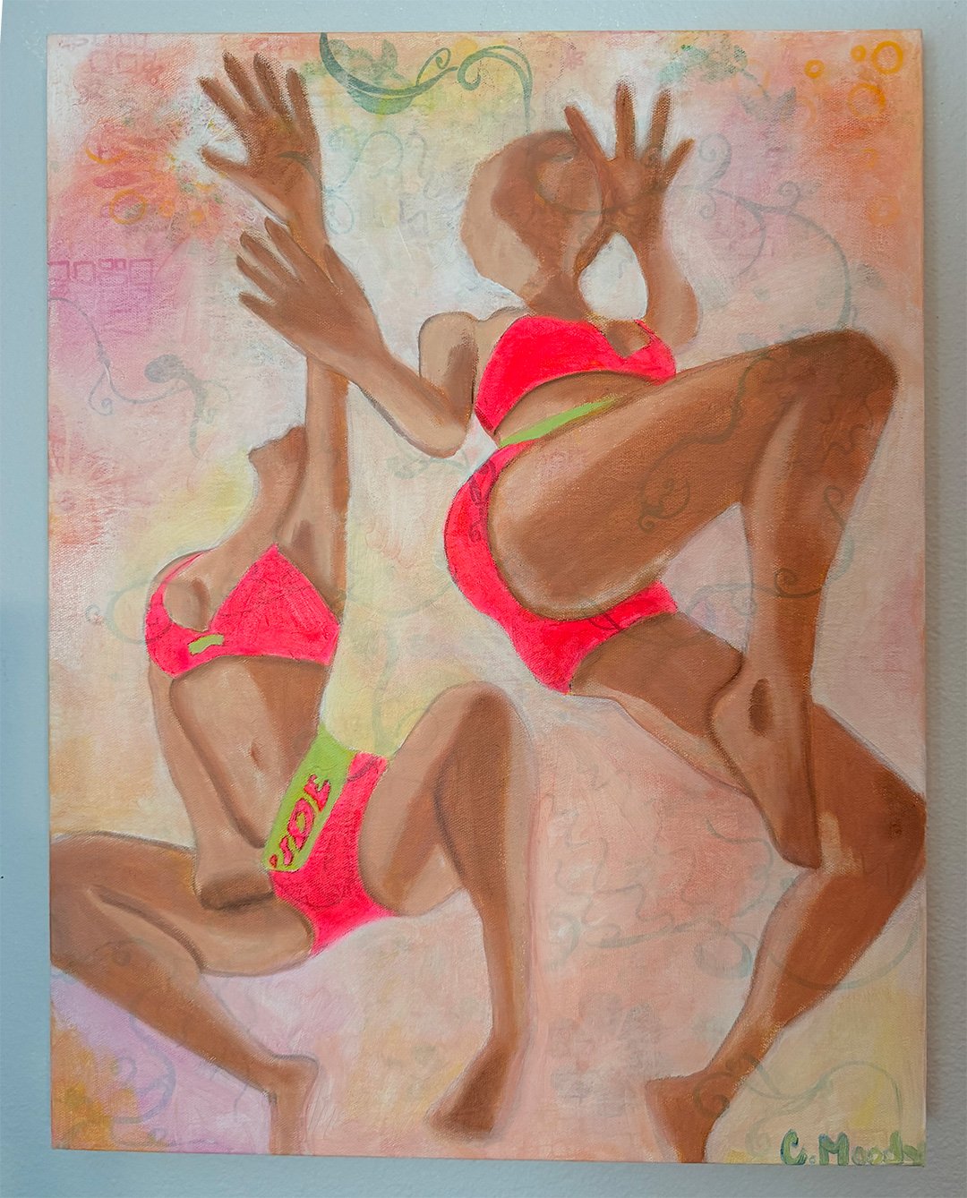 Painting of two women in bright pink and green workout outfits, dancing or exercising with energetic poses against a pastel background.