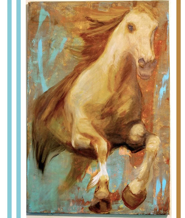 An abstract painting of a rearing brown horse with a flowing mane against a colorful background of blue, orange, and red brushstrokes.