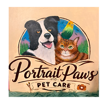 Logo for 'Portrait Paws and Pet Care' featuring a dog, cat, and bird with a background of mountains and sky.