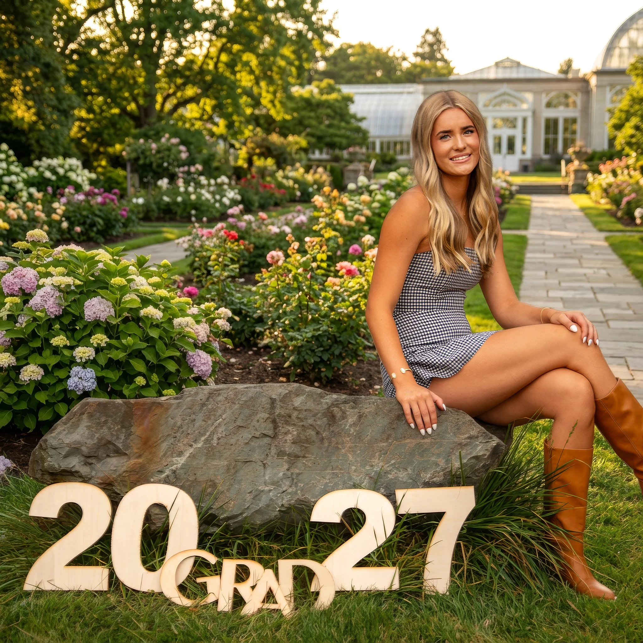A young woman with long blonde hair sitting on a stone in a garden with colorful flowers, trees, a greenhouse or conservatory in the background, and a wooden '2022' decoration on the grass in front of her.