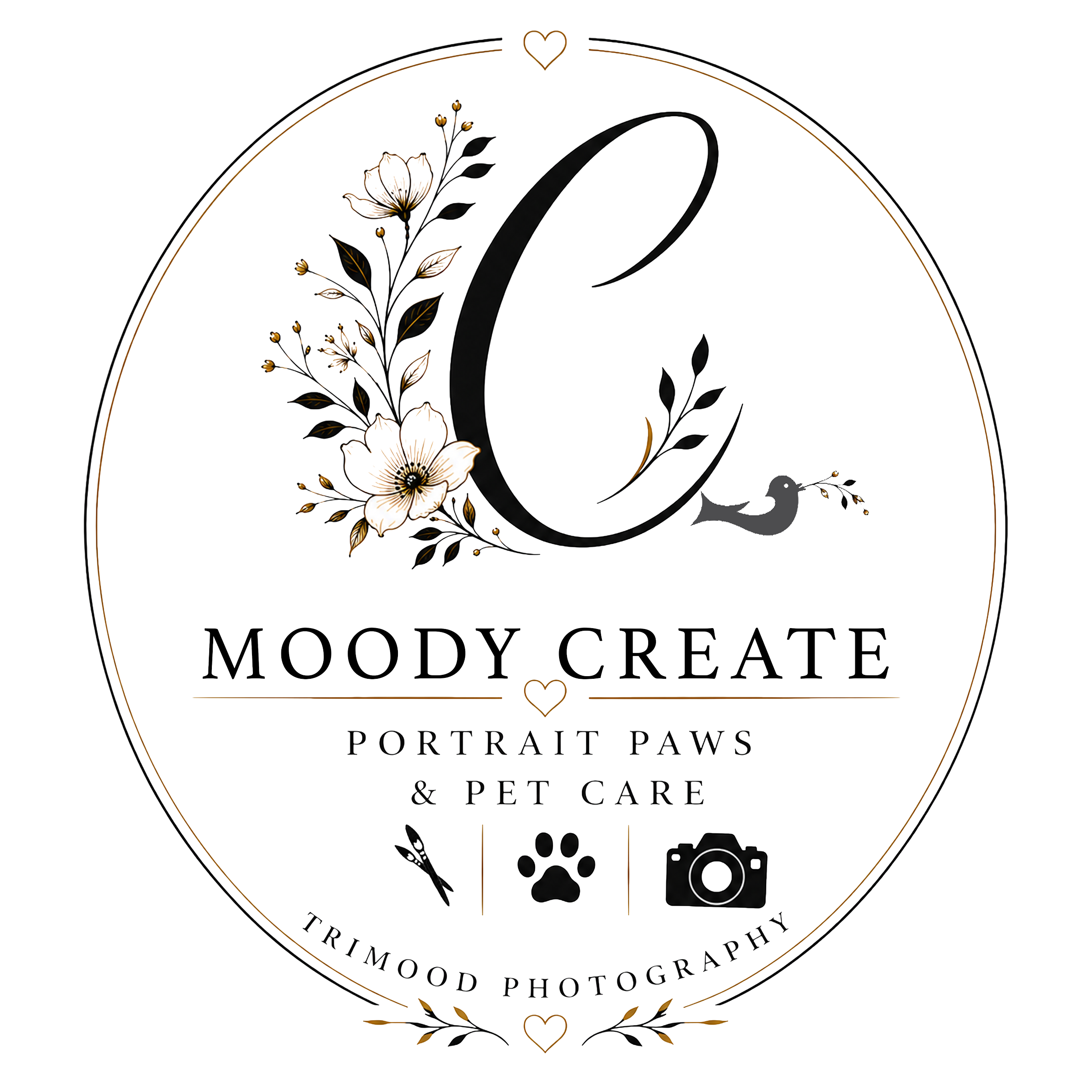 Logo for Moody Create Photography featuring floral decorations, a camera icon, and text related to pet and wildlife photography.