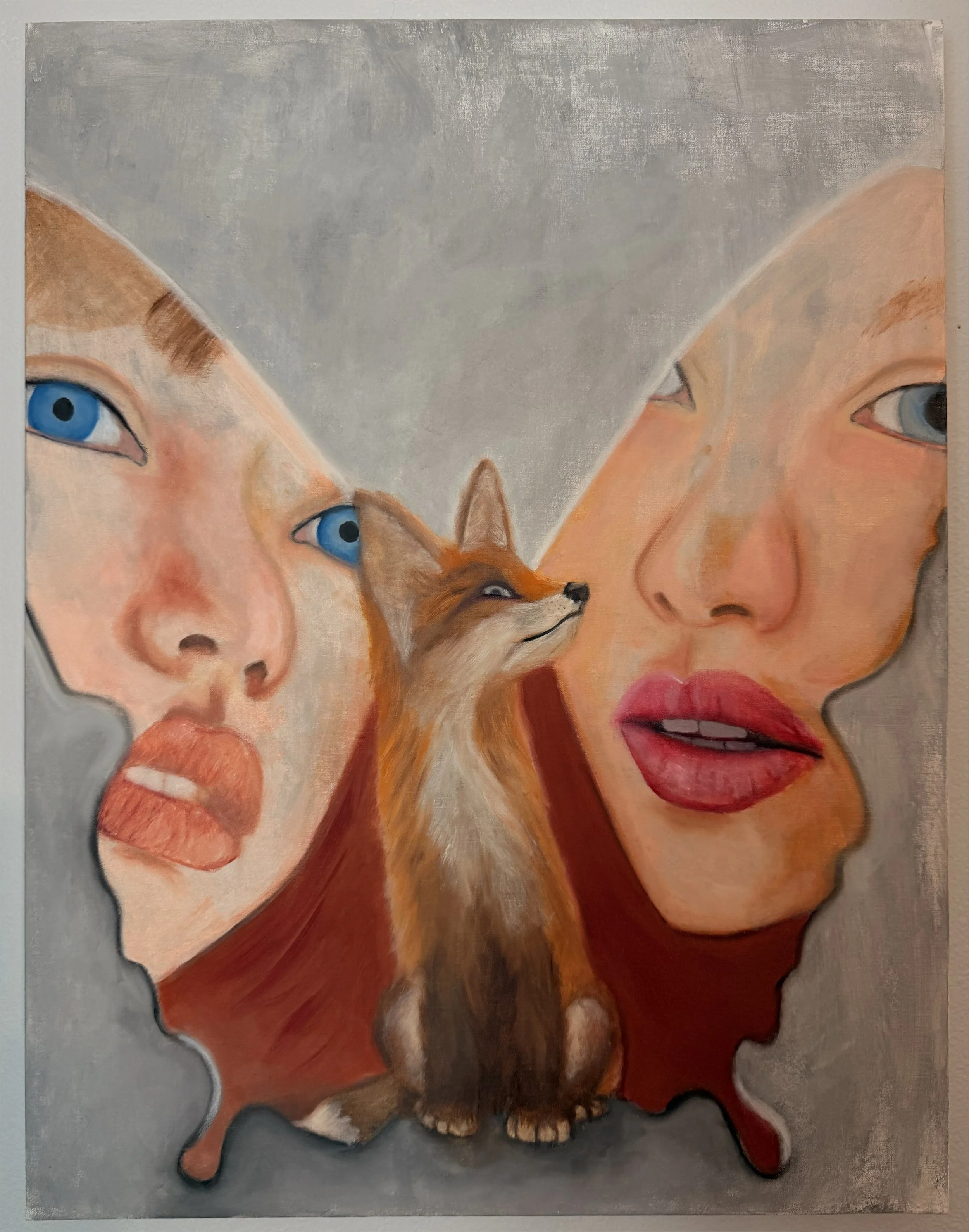 Painting of two women with blue eyes and a fox. The women have blonde hair and red lips. The dog is small with brown and black fur.