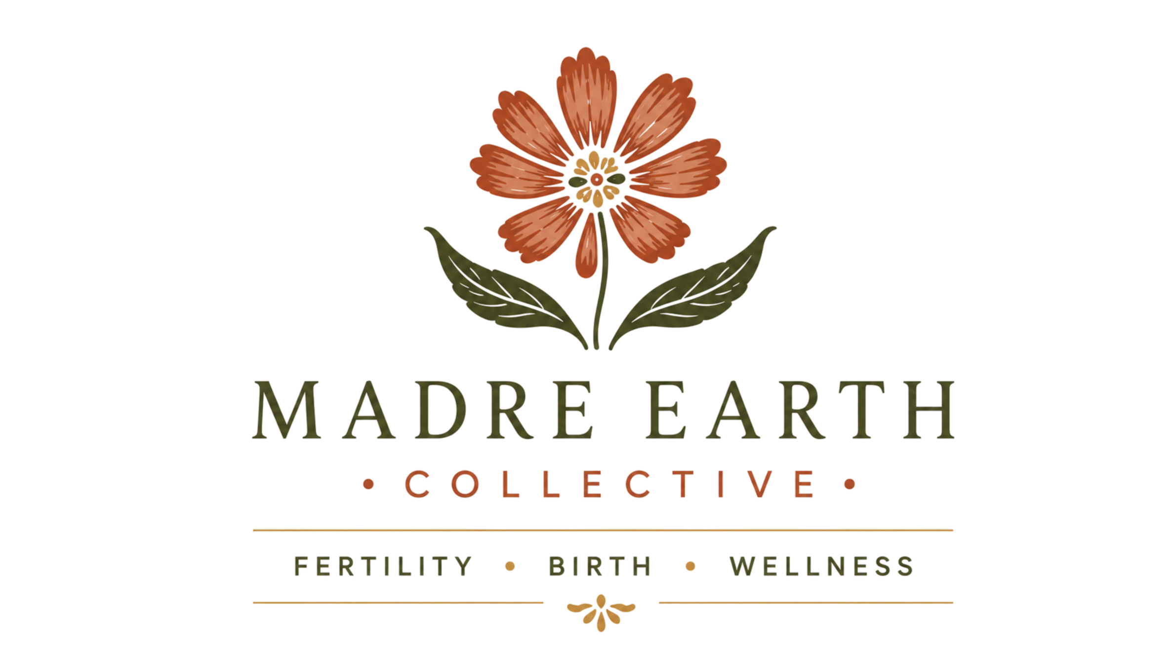 Logo for Madre Earth Collective featuring a stylized brown flower with green leaves and the text 'Madre Earth' and 'Collective' with additional words 'Fertility,' 'Birth,' and 'Wellness' below.