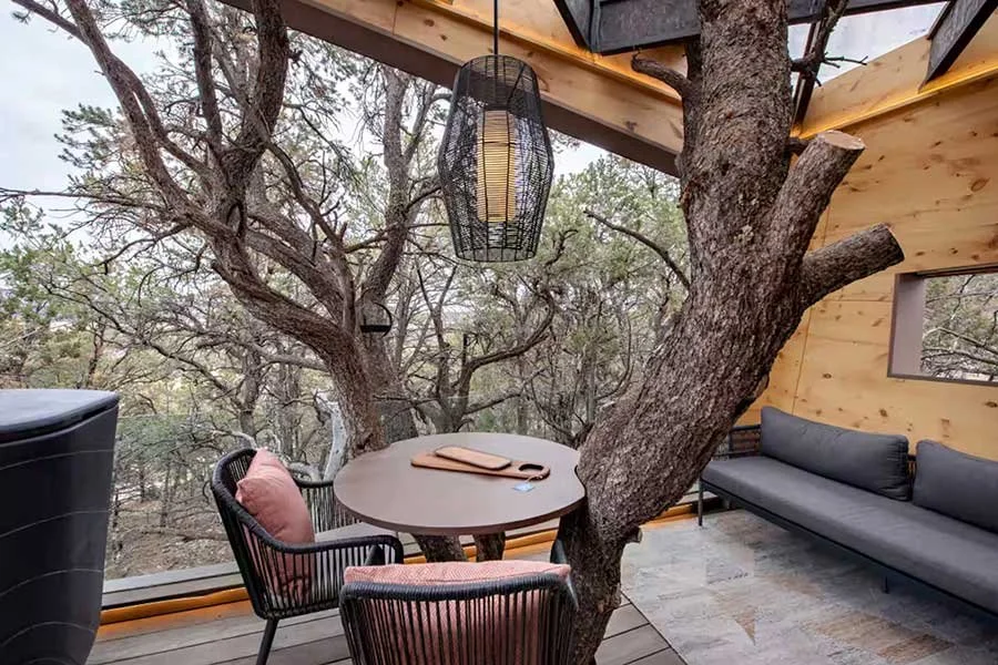 Elevated outdoor deck surrounded by trees at a Colorado treehouse rental