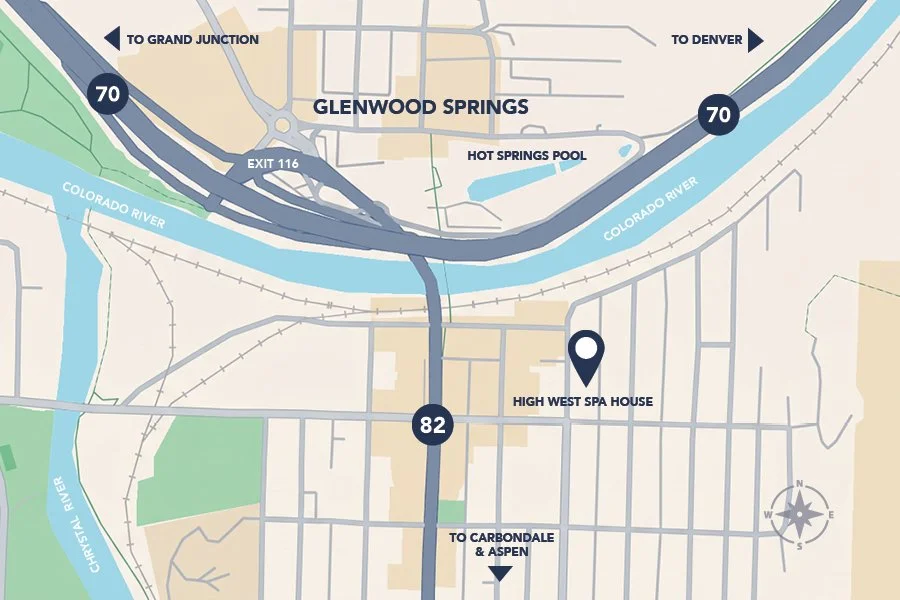 Map showing the location of High West Spa House near highway 82 in Glenwood Springs, Colorado, with nearby rivers and roads, including highways 70 and 82, and directions to Grand Junction, Denver, and Carbonadle & Aspen.