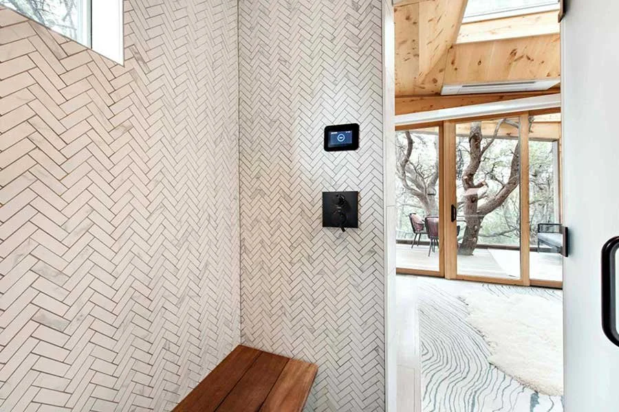 Cozy modern interior of a private treehouse retreat near Carbondale