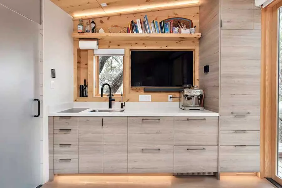 Cozy modern interior of a private treehouse retreat near Carbondale