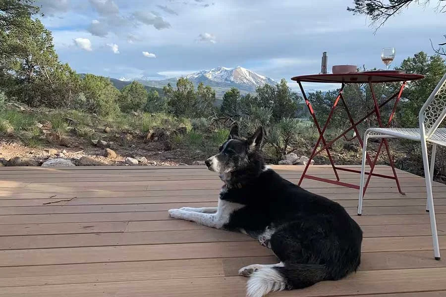 Outdoor deck overlooking the surrounding mountains at High West House