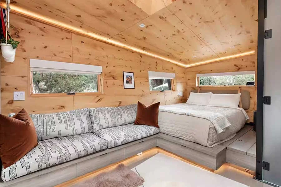 Cozy modern interior of a private treehouse retreat near Carbondale