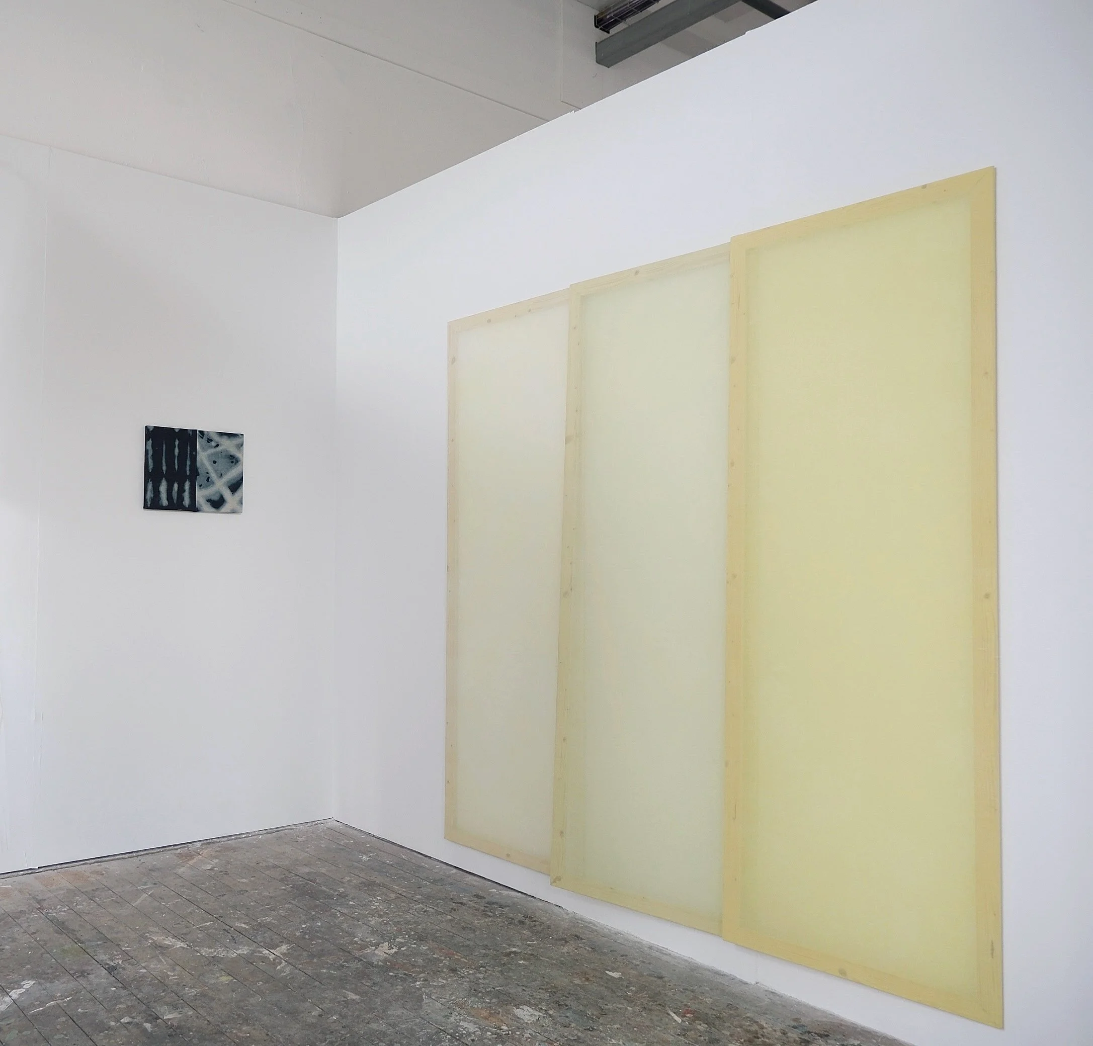 Install shot, dyed fabric panels 180cm x 60cm (x 3), hand-sewn bleached denim 40cm x 30cm, 2026