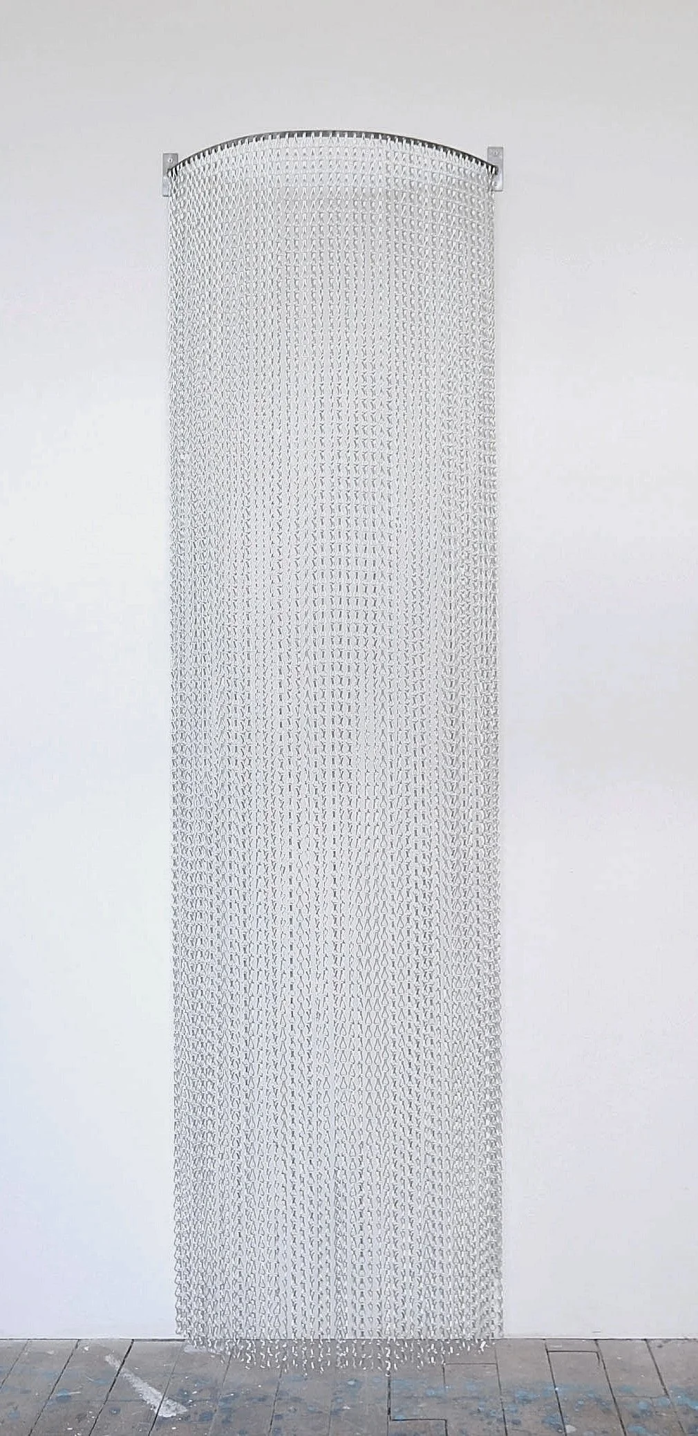 Install shot 'Torrential', aluminium fly-trap chain and welded steel, 200 x 70 cm, 2026