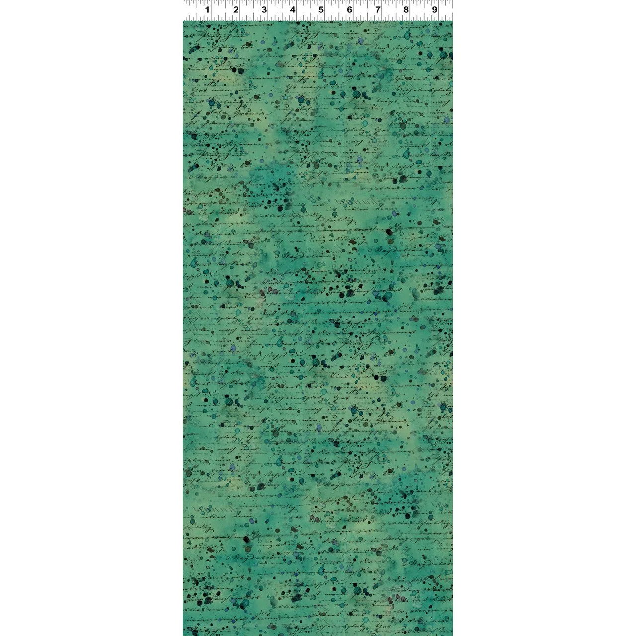 Emerald Hollow - Splatter teal green quilting cotton with measurements  by clothworks