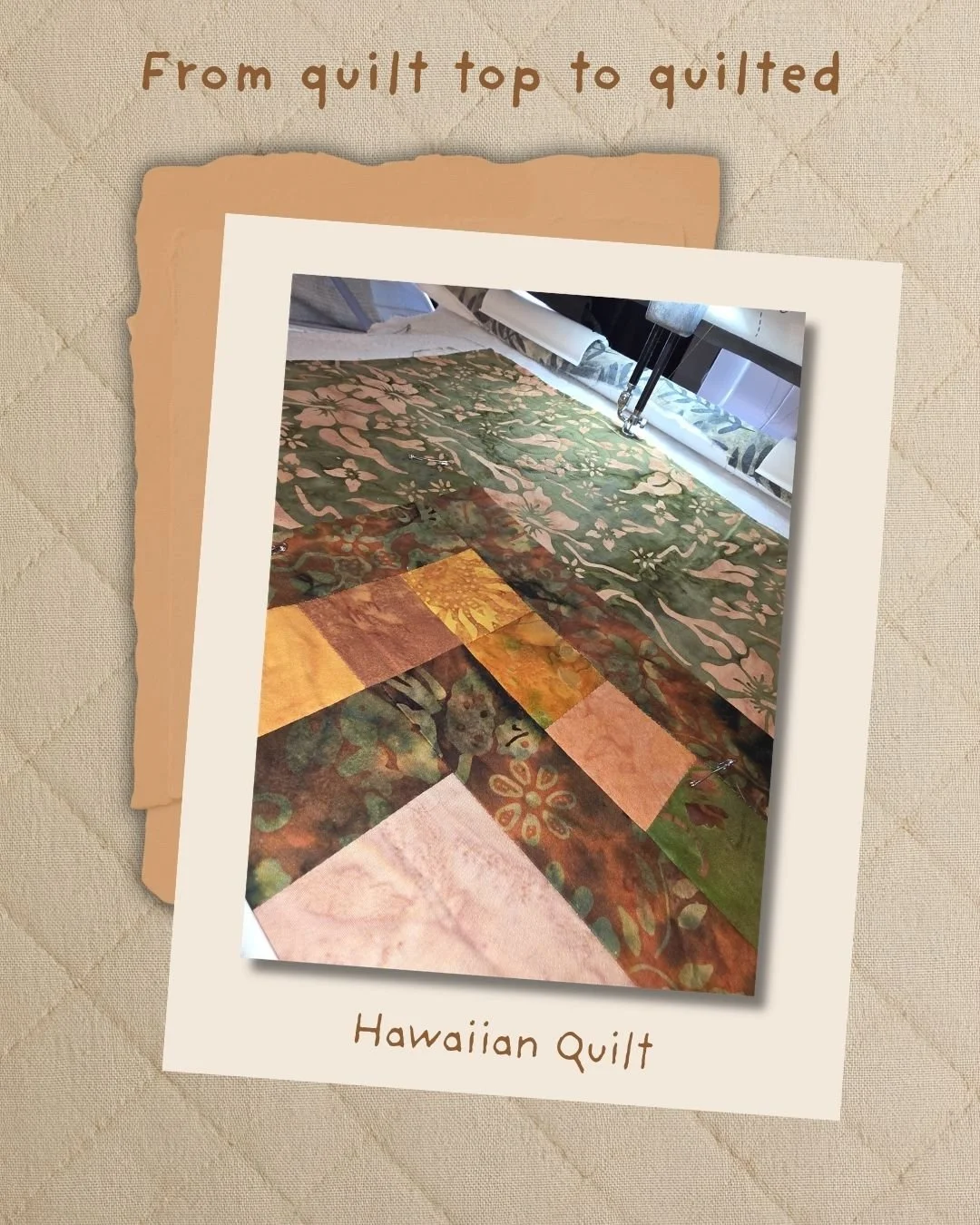A photograph of a quilt displaying various patchwork designs, labeled as a Hawaiian Quilt.