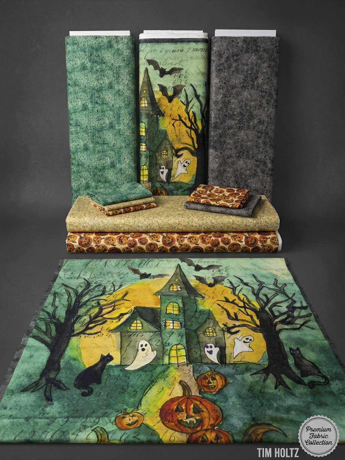 Halloween quilt kit fabric bundle with haunted house panel and black binding