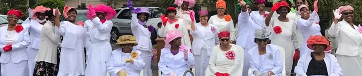 Group of women dressed in white with colorful hats and accessories, gathered outdoors smiling and waving.