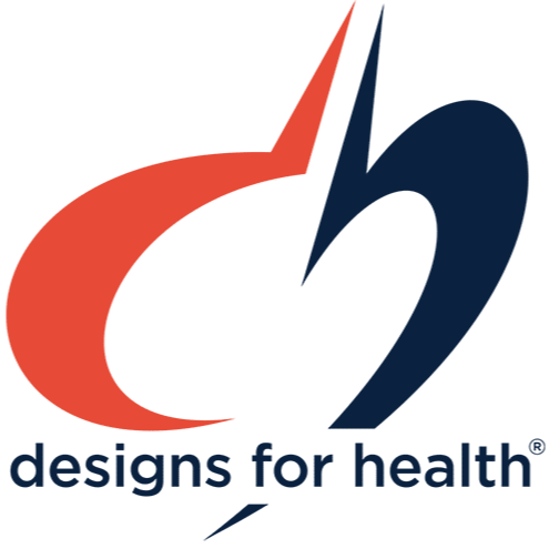 Logo of 'designs for health' with a stylized red and dark blue 'd' and 'h' and the text underneath.