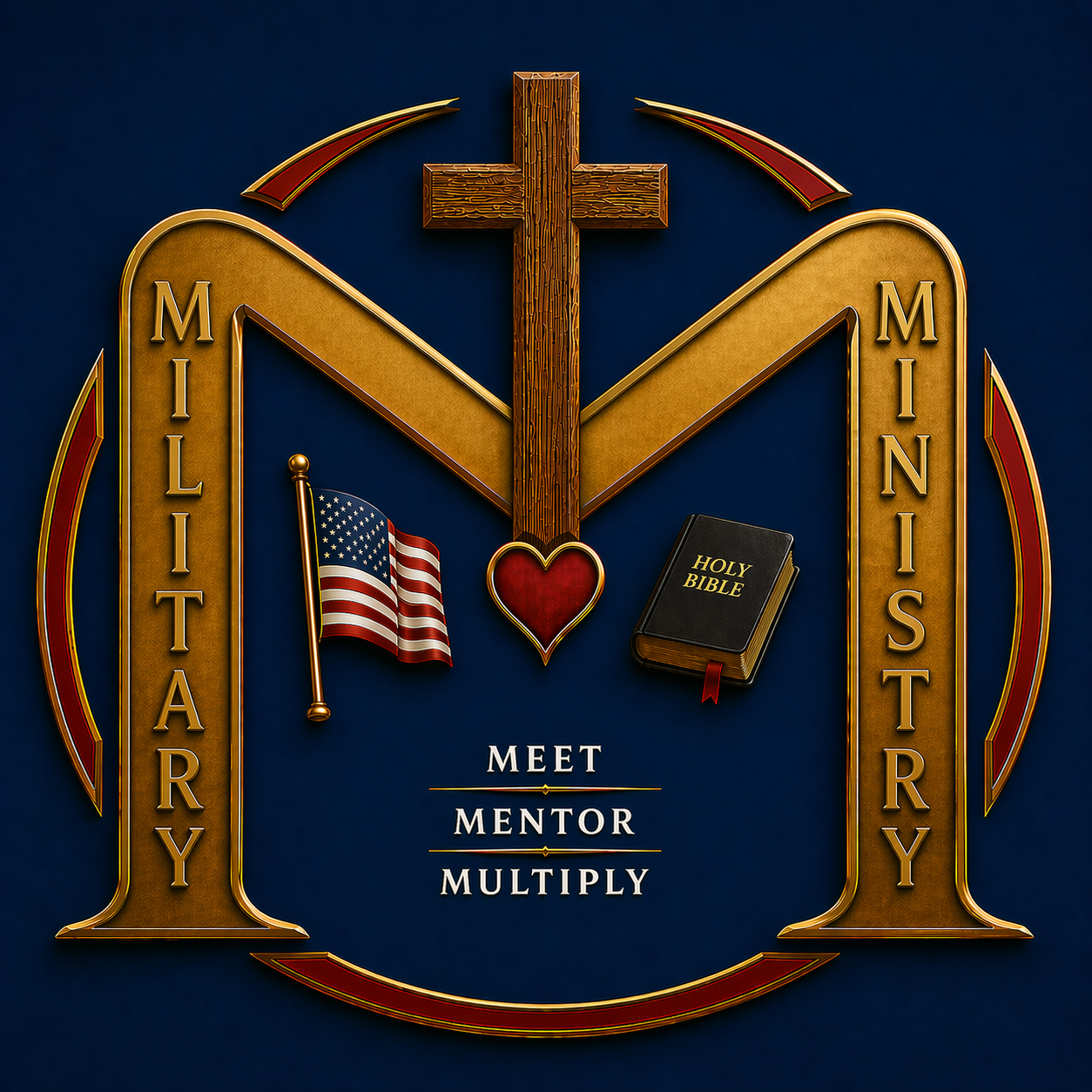 Morabe Mililtary Ministry logo containing the letter 'M' for Morabe, Military and Ministry, including a cross, American flag, heart, Bible, and the mission in the words 'Meet, Mentor, Multiply' on a navy blue background.