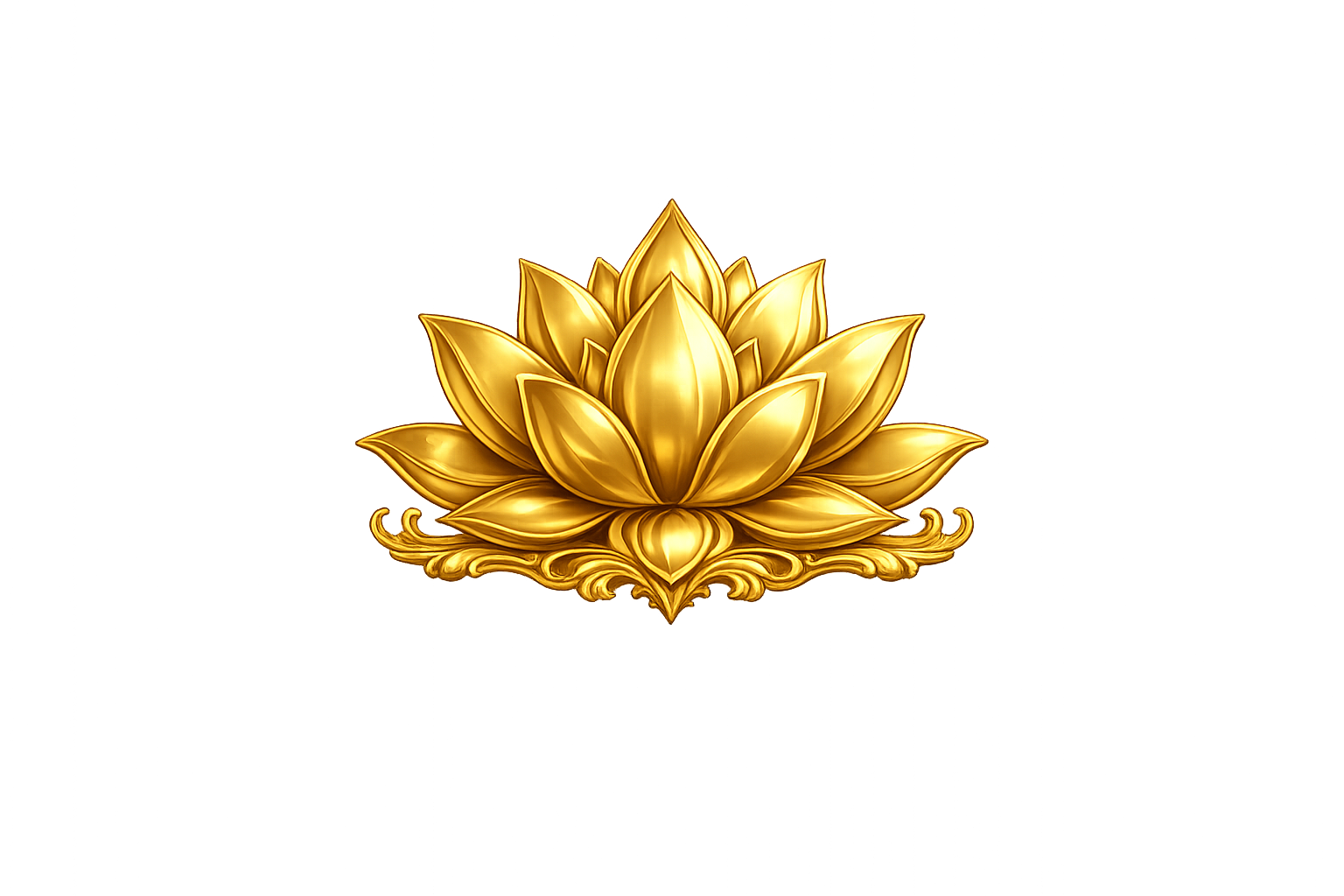 Gold lotus flower emblem with detailed petals, centered against a dark background with colorful digital distortion effects.
