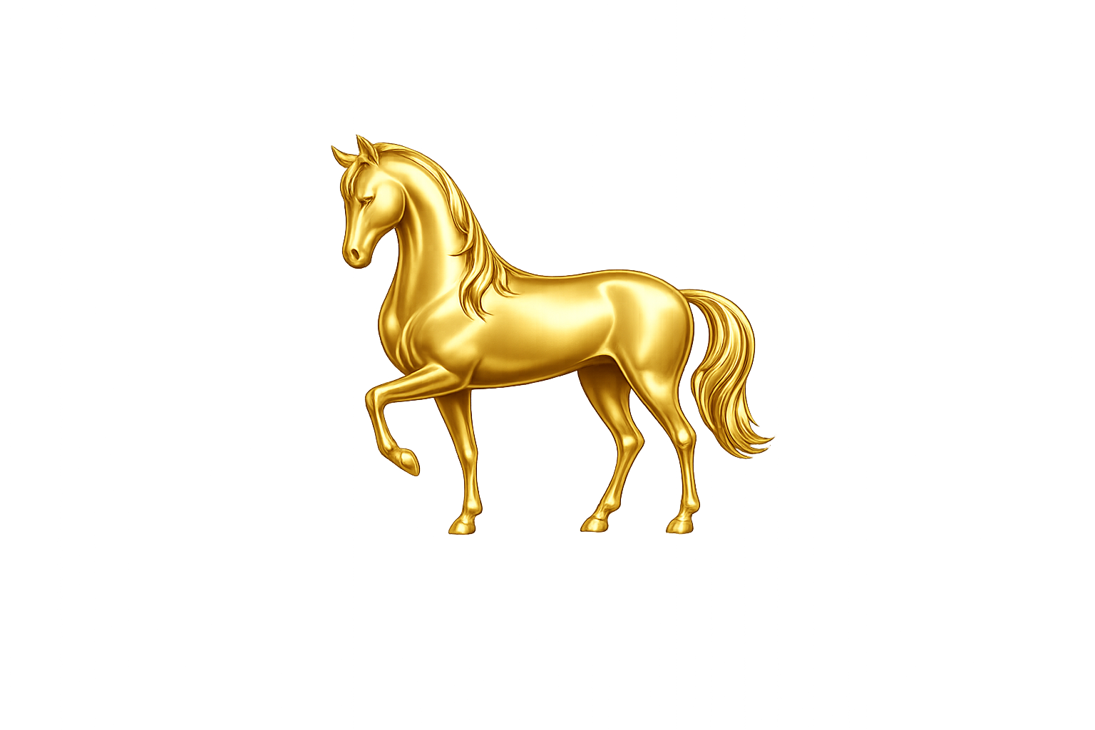 A shiny, golden horse statue in a walking pose against a dark and brightly lit background.