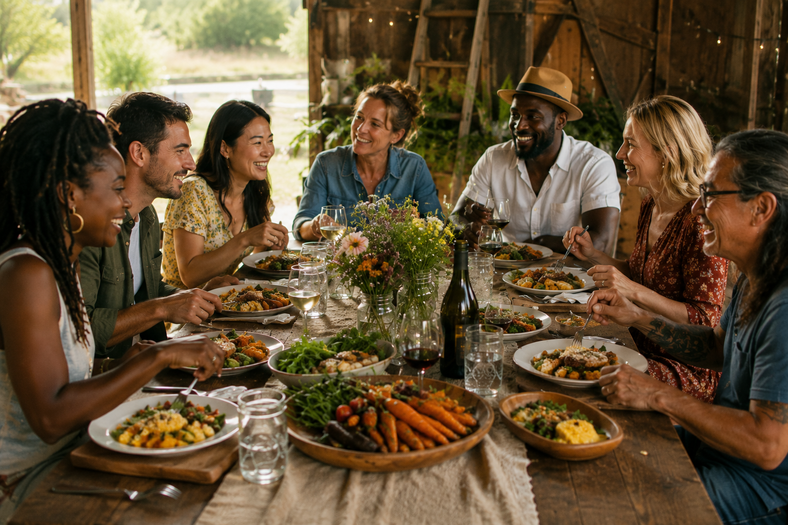 A diverse group of eight people enjoying a meal together at a rustic outdoor gathering with sunlight, flowers, and wine, in a barn-like setting.