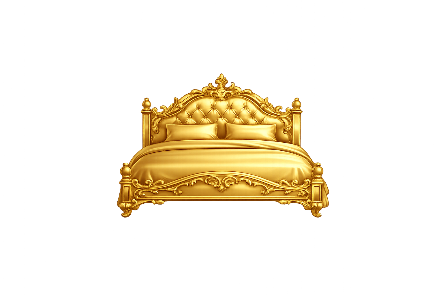 A luxurious gold bed with ornate carvings and tufted headboard, set against a background with abstract colorful blocks.