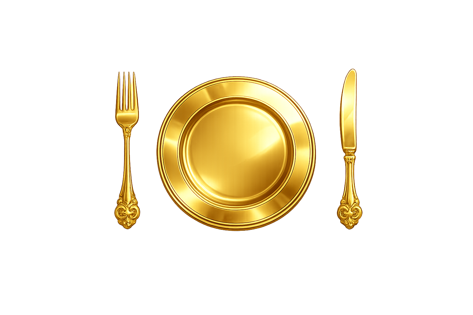 A gold-colored plate, fork, and knife arranged on a table with a neutral background.