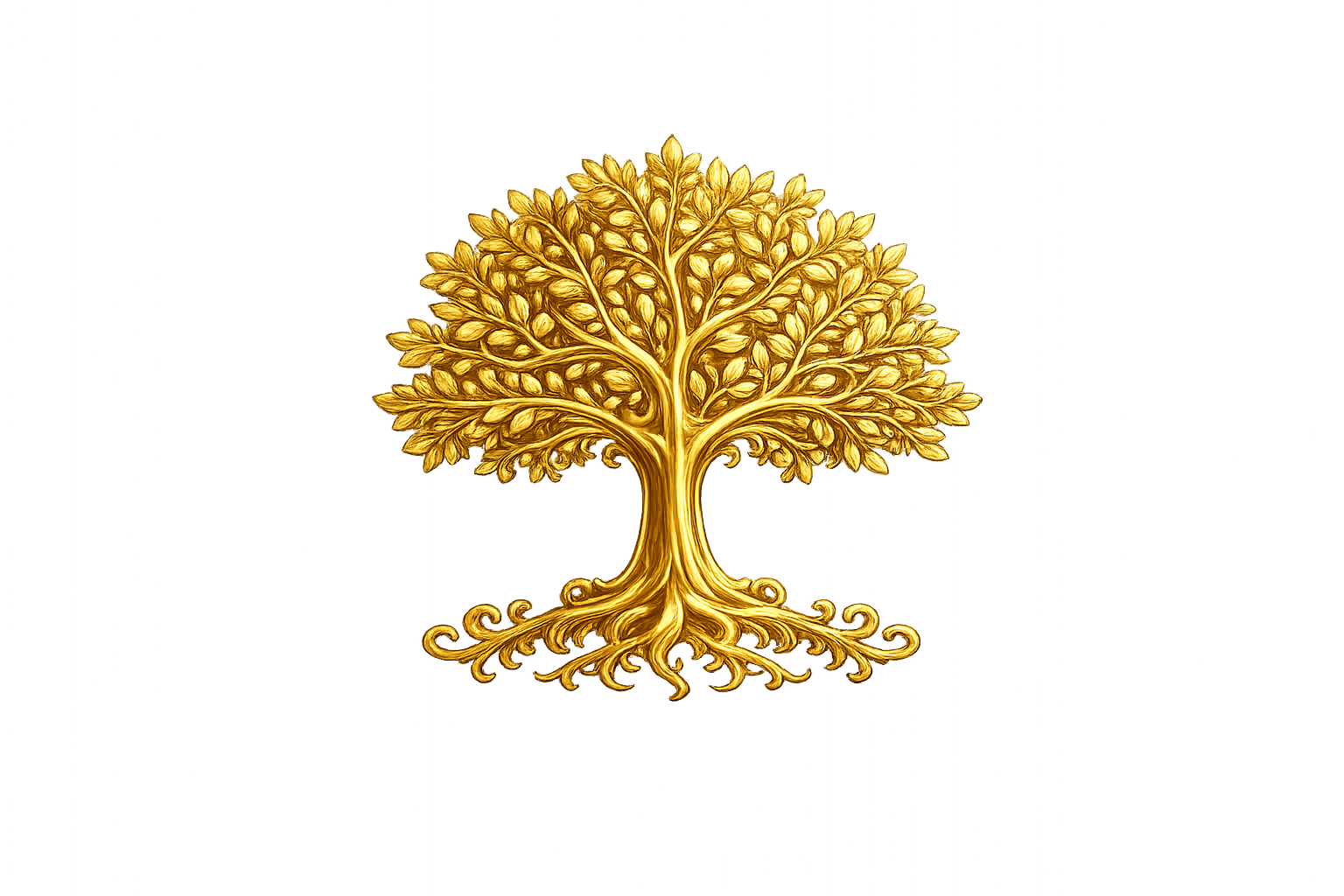 A golden emblem of a tree with detailed branches and roots set against a black background with blue highlights.