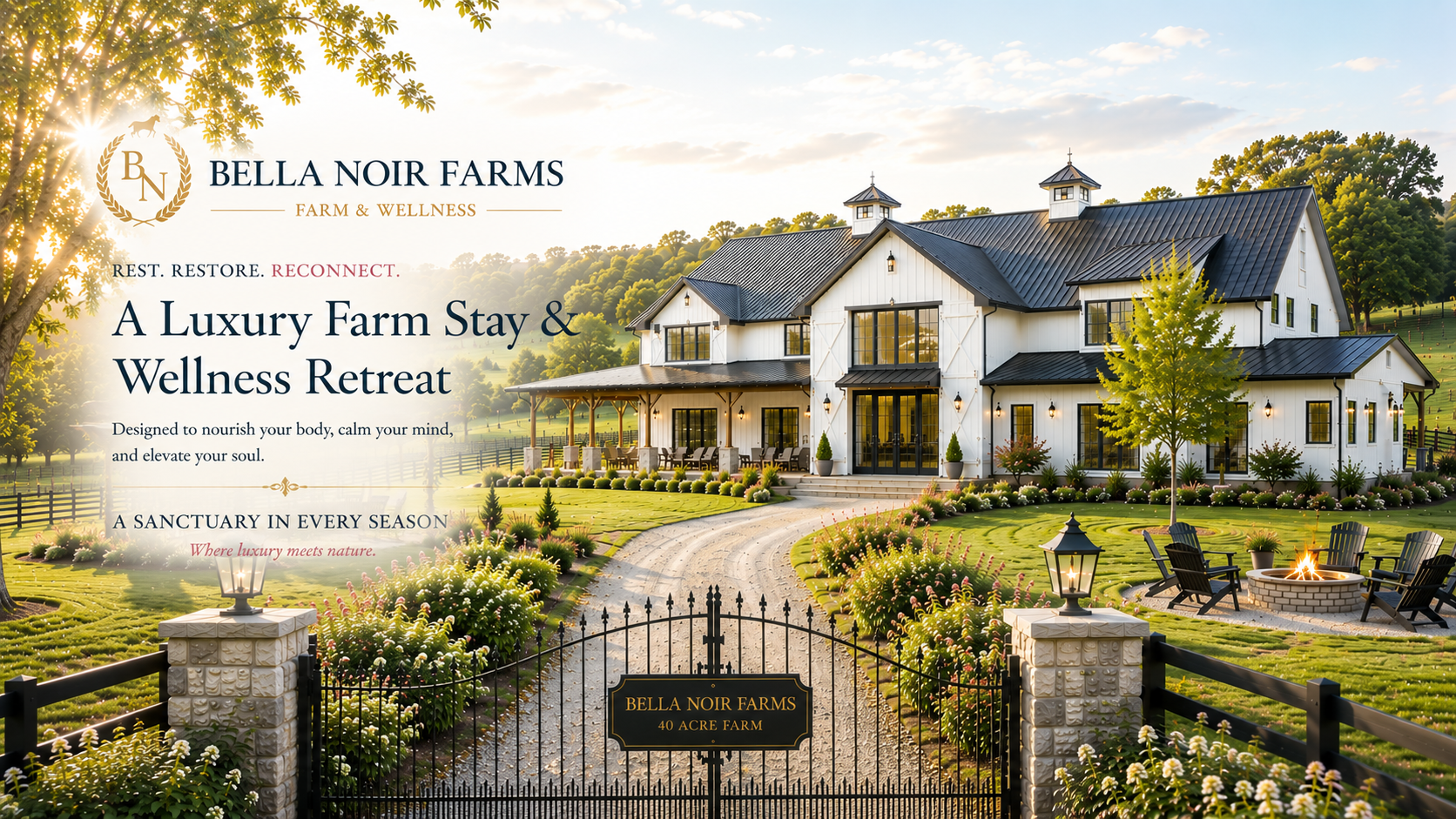 A luxurious white farmhouse with black roofing, surrounded by a well-maintained garden with flowers, shrubs, and a fire pit. Sunlight filters through trees, creating a warm and inviting atmosphere.