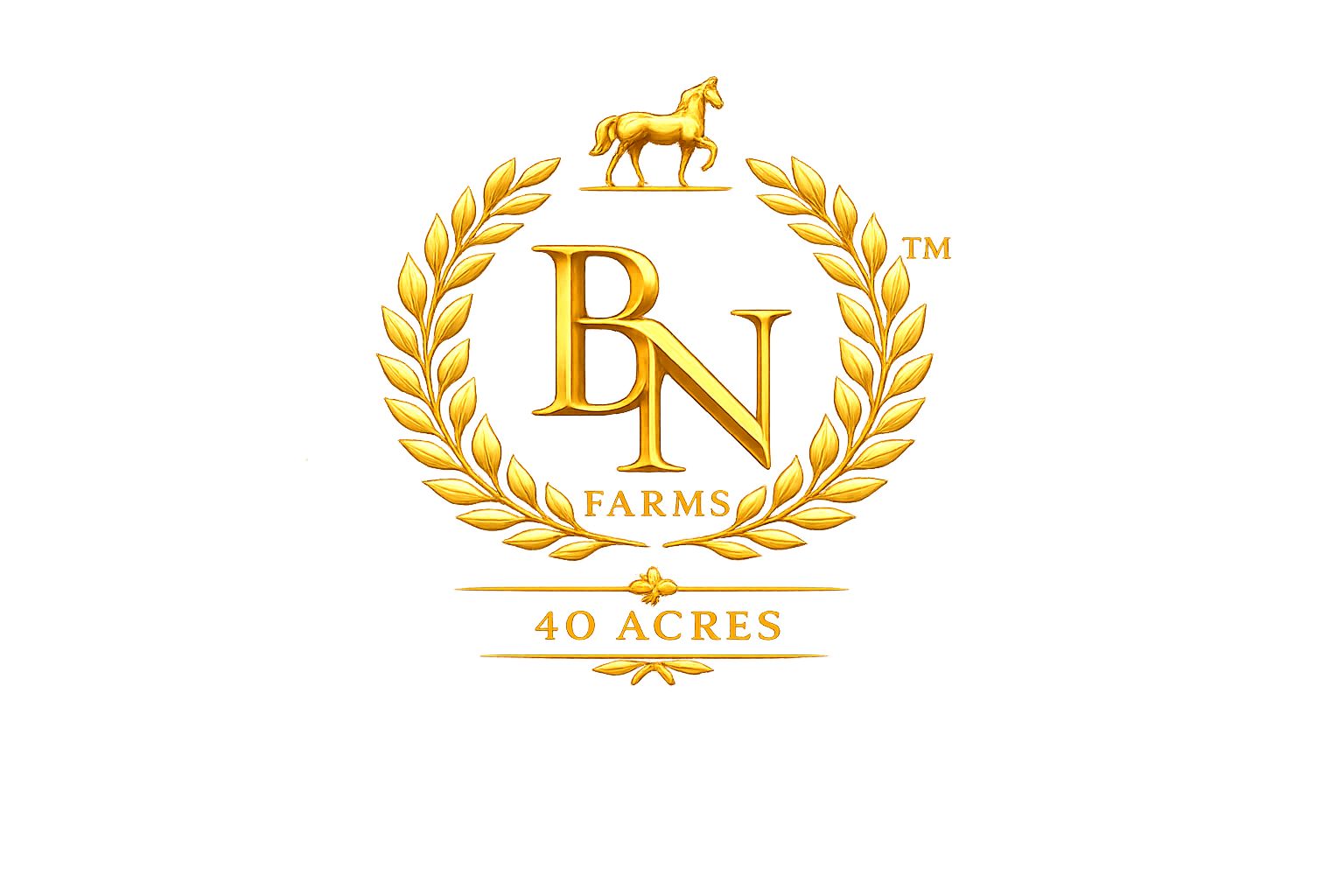Gold emblem with a horse statue on top, surrounded by laurel wreath, displaying the text 'BN FARMS', '40 ACRES'.