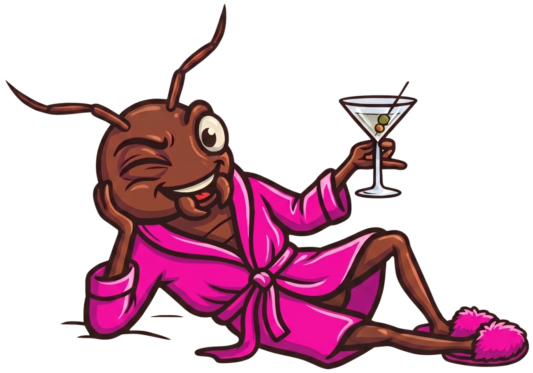 A cartoon character of a beauty insect, possibly a mosquito or similar, wearing a pink robe with a sash, lounging on the ground and holding a martini glass with olives, posing in a relaxed and confident manner.