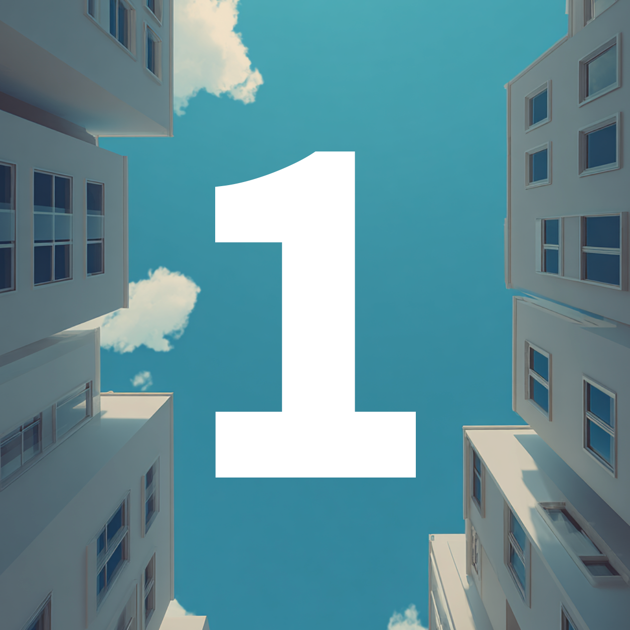 Looking up at a blue sky with clouds, surrounded by white modern buildings with multiple windows, and a large white number one in the center.